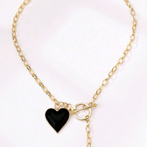 Gold Chain Necklace with Black‎ Heart Pendant Stylish Fashion Jewelry For Woman - Picture 3 of 3